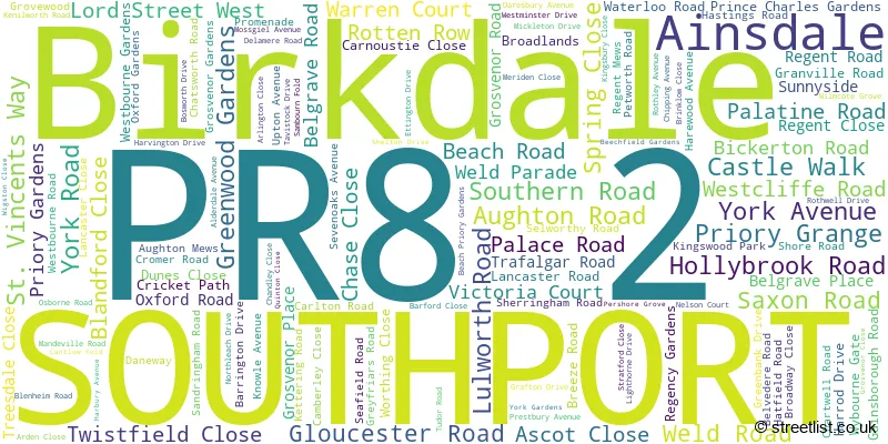 A word cloud for the PR8 2 postcode